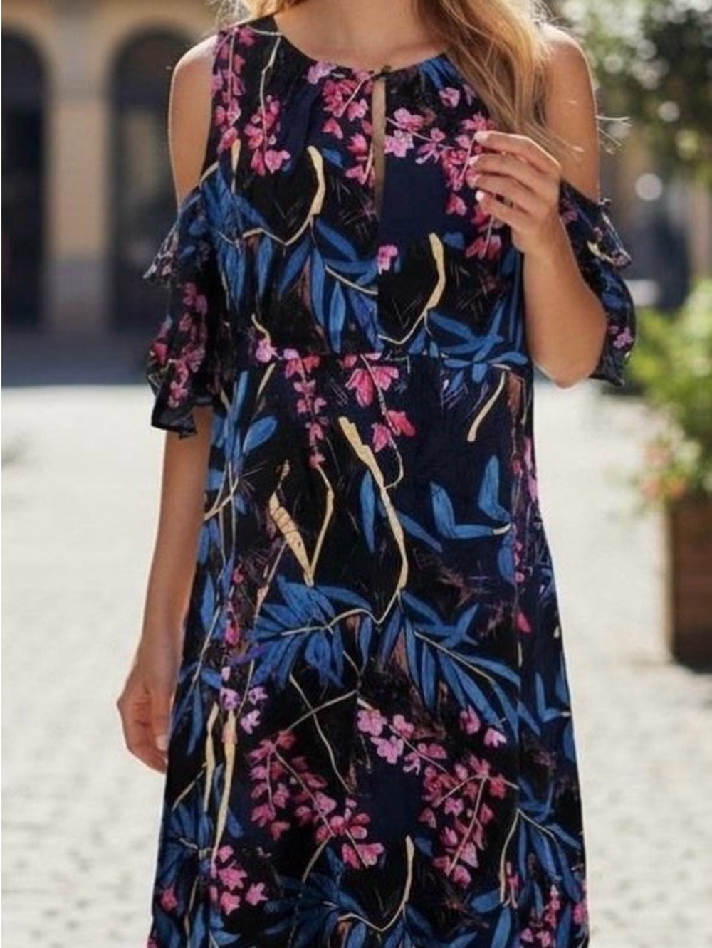 Maeve Navy Cold-Shoulder Midi Dress with Blue‎ and Pink Floral Print